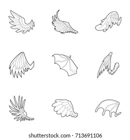 Wings icons set. Outline set of 9 wings vector icons for web isolated on white background