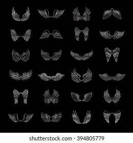 Wings Icons Set-Isolated On Black Background-Vector Illustration,Graphic Design.For Web, Websites, App, Print, Presentation Templates, Mobile Applications And Promotional Materials.Different Old Shape