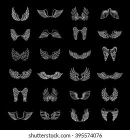 Wings Icons Set-Isolated On Black Background-Vector Illustration,Graphic Design.For Web, Websites, App, Print, Presentation Templates, Mobile Applications And Promotional Materials.Different Old Shape