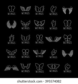 Wings Icons Set-Isolated On Black Background-Vector Illustration,Graphic Design.For Web, Websites, App, Print, Presentation Templates, Mobile Applications And Promotional Materials.Different Old Shape