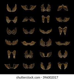 Wings Icons Set-Isolated On Black Background-Vector Illustration,Graphic Design.For Web, Websites, App, Print, Presentation Templates, Mobile Applications And Promotional Materials.Different Old Shape