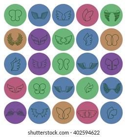 Wings Icons Set-Isolated On Circle Background-Vector Illustration,Graphic Design.Different Old Shape. Thin Line Icons