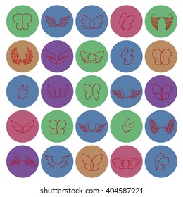 Wings Icons Set-Isolated On Circle Background-Vector Illustration,Graphic Design.Different Old Shape. Thin Line Icons