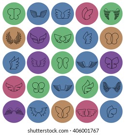 Wings Icons Set-Isolated On Circle Background-Vector Illustration,Graphic Design.Different Old Shape. Thin Line Icons