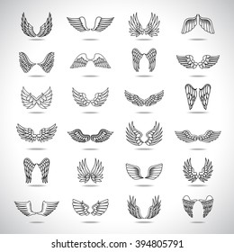 Wings Icons Set-Isolated On Gray Background-Vector Illustration,Graphic Design.For Web, Websites, App, Print, Presentation Templates, Mobile Applications And Promotional Materials.Different Old Shape