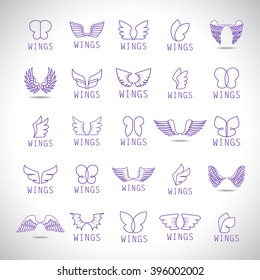 Wings Icons Set-Isolated On Gray Background-Vector Illustration,Graphic Design.For Web, Websites, App, Print, Presentation Templates, Mobile Applications And Promotional Materials.Different Old Shape