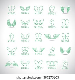 Wings Icons Set-Isolated On Gray Background-Vector Illustration,Graphic Design.For Web, Websites, App, Print, Presentation Templates, Mobile Applications And Promotional Materials.Different Old Shape