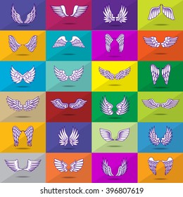 Wings Icons Set-Isolated On Mosaic Background-Vector Illustration,Graphic Design.For Web, Websites, App, Print, Presentation Templates,Mobile Applications And Promotional Materials.Different Old Shape