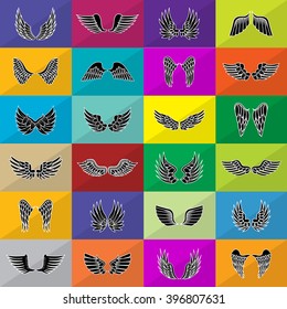 Wings Icons Set-Isolated On Mosaic Background-Vector Illustration,Graphic Design.For Web, Websites, App, Print, Presentation Templates,Mobile Applications And Promotional Materials.Different Old Shape