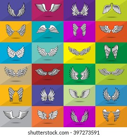 Wings Icons Set-Isolated On Mosaic Background-Vector Illustration,Graphic Design.For Web, Websites, App, Print, Presentation Templates,Mobile Applications And Promotional Materials.Different Old Shape