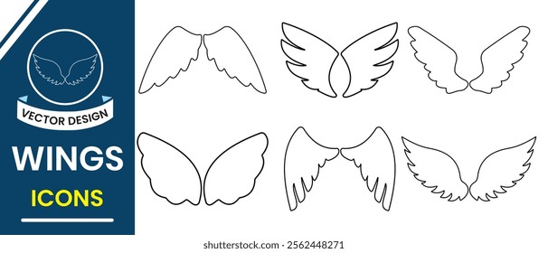 Wings icons, vector set. Bird, Angel wings icon vector set. Silhouette of wings vector. Line wings sign and symbol. Vector illustration.