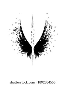 Wings from ink splashes with music notes. Vector decoration element.