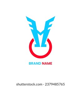 wings, letter M and power logo concept. modern, minimal and simple style. blue and red. used for emblems, logos, icons, symbols, signs or prints