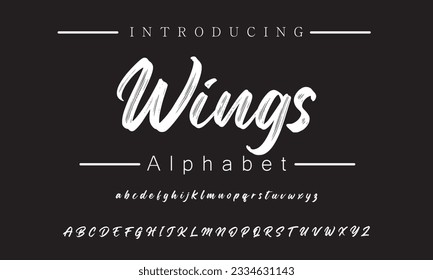 Wings Lettering font isolated on black background. Texture alphabet in street art and graffiti style. Grunge and dirty effect.  Vector brush letters.