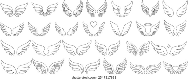 Colección de Vector de líneas de alas que muestra varios diseños de alas angelicales y simbólicos para inspiración de tatuajes, Diseño gráfico y creación de logotipos. Alas detalladas para proyectos creativos