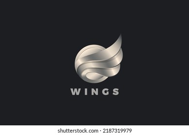Wings Logo in Circle design vector template 3D Metallic Style. Metal Wing Steel Mascot Emblem 
