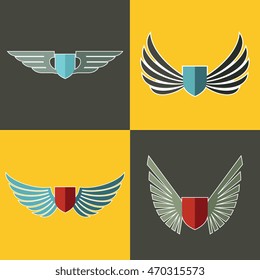 Wings logo for company on yellow and brown background. Set of logotype with shield. Vector illustration