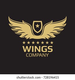 Wings logo design - golden wings on black - vector company logotype. Vector illustration