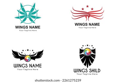 Wings Logo Design, Shield Wings Vector, Bird Feather Illustration