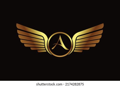 Wings logo element vector template design isolated on black background, two wings emblem with letter A logotype, modern creative trendy brand symbol