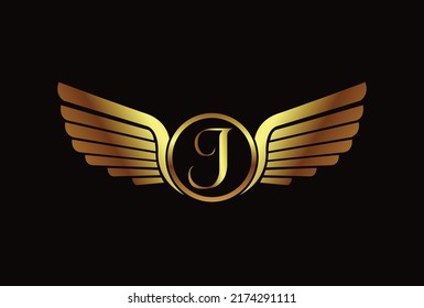 Wings logo element vector template design isolated on black background, two wings emblem with letter J logotype, modern creative trendy brand symbol