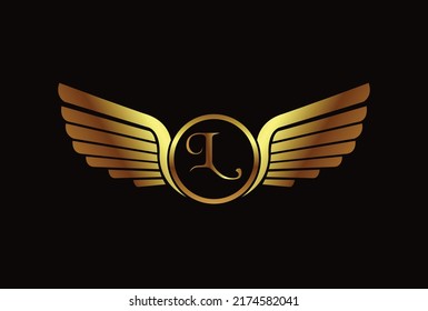 Wings logo element vector template design isolated on black background, two wings emblem with letter L logotype, modern creative trendy brand symbol