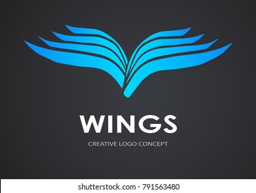 Wings logo vector design template. Blue icon, sign, graphic, illustration, symbol of bird wings on dark background. Logotype design