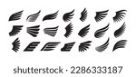 Wings logo. Wing silhouette insignia, angel winged emblems. Eagle, aviation symbols. Vintage tattoo, freedom graphics vector set. Bird feather black elements, isolated angelic objects