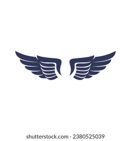 Wings with long feather. Angel or bird wing flat black icon. Aviation pilot patch badge. Heraldic vintage army insignia emblem falcon phoenix hawk. Flying winged frame. Biker logo stencil stamp