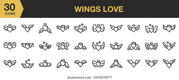 Wings Love icon set. Includes Angel, Wings, Heart, Love, Valentine, and More. Outline icons vector collection.