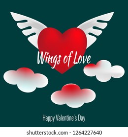 Wings of Love. Set of Valentine's Day icons. Big red heart with two wings in clouds in heaven. Elements for feast of February 14 for design of cards, posters, websites, flyers.