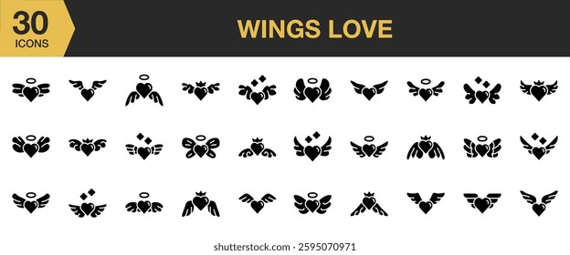 Wings Love solid icon set. Includes Angel, Wings, Heart, Love, Valentine, and More. Solid icons vector collection.