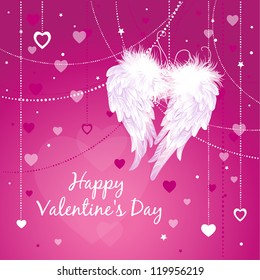 Wings of Love. Valentine's day card with hearts and angel wings. Background and wedding invitation.  Text on a separate layer.