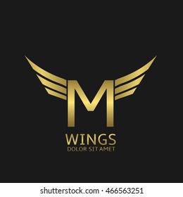 Wings M letter logo. Golden creative alphabet, air emblem