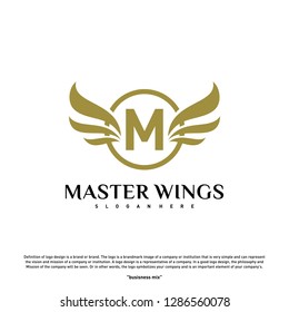 Wings M letter logo. Initial M Wings Logo Template. Golden creative alphabet, air emblem - Vector