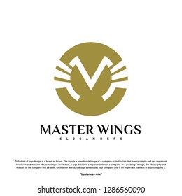 Wings M letter logo. Initial M Wings Logo Template. Golden creative alphabet, air emblem - Vector