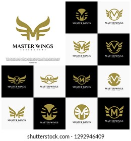 Wings M letter logo. Initial M Wings Logo Template. Golden creative alphabet, air emblem - Vector