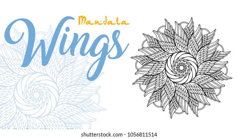 Wings mandala for coloring book. Round ornament with feathers.  Anti-stress therapy art. Yoga logo vector. Tattoo sketch