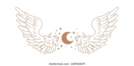 Wings with moon boho illustration