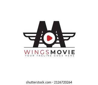 wings movie logo template with red play button inside	