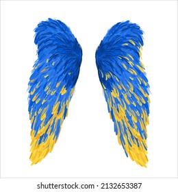 Wings in national colors of Ukraine. Vector illustration in support of Ukraine. yellow and blue angel wings, t-shirt print. concept to stop the war. 
We are in solidarity