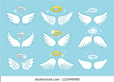 Wings and nimbus. Angel winged glory halo cute cartoon drawings vector illustration on blue background