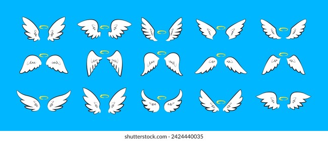 Wings and nimbus. Wings icons. Angel wings elements. Wing collection in different shape. Cute shining winged collection. Vector angel wings isolated on blue background