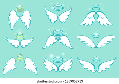 Wings and nimbus set. Angel winged glory halo cartoon drawings. Vector illustration.