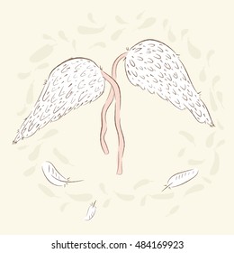 Wings on the ribbons, feathers. cute birds.  hand drawn, cartoon style. suitable for printing on a t-shirt or sweatshirt, shirt design, print bird, sketch bird, Children's fashion shirt. Cute wings