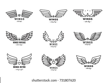 Wings outline black logo vector set. Vintage design. Part one.