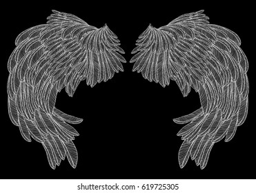 Wings pair set. Hand drawn detailed bird wings. Card, poster, t-shirt, smart phone, CD print design. Vector.