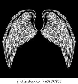 Wings pair set. Hand drawn detailed bird wings. Card, poster, t-shirt, smart phone, CD print design. Vector.
