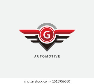 Wings and pin automotive logo, G Letter Logo Icon