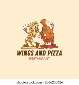 Wings and pizza mascot illustration for  restaurant logo design
